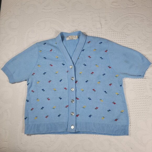 Vintage sweater short-sleeve button front cardigan with embroidery, blue medium - Picture 3 of 16